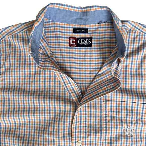 Chaps Short Sleeve Dress Shirt Men's Medium Blue Yellow Checkered Basic Classic - Picture 1 of 9